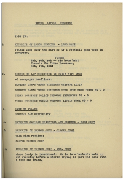 Moe Howard's 35pp. First Draft Script From September 1934 for The Three Stooges Film ''Three Little Pigskins'', Ending at Scene 167 -- Very Good Condition